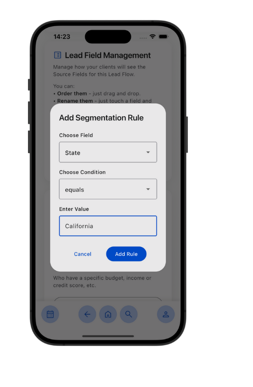 Add Segmentation Rule dialog in the ELD app routing leads by state