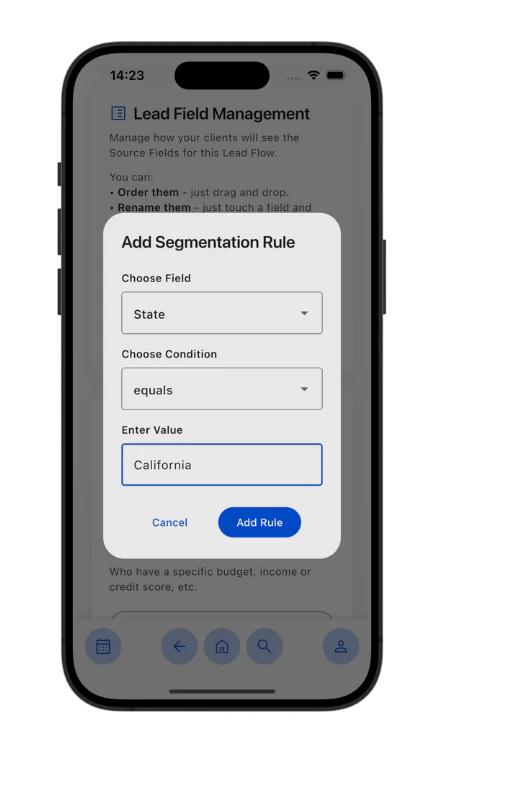 Add Segmentation Rule dialog in the ELD app routing leads by state