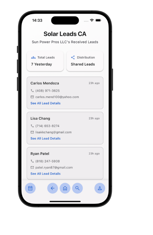 Solar Leads CA received-leads screen in the ELD app