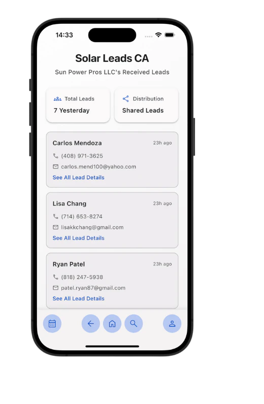 Solar Leads CA received-leads screen in the ELD app