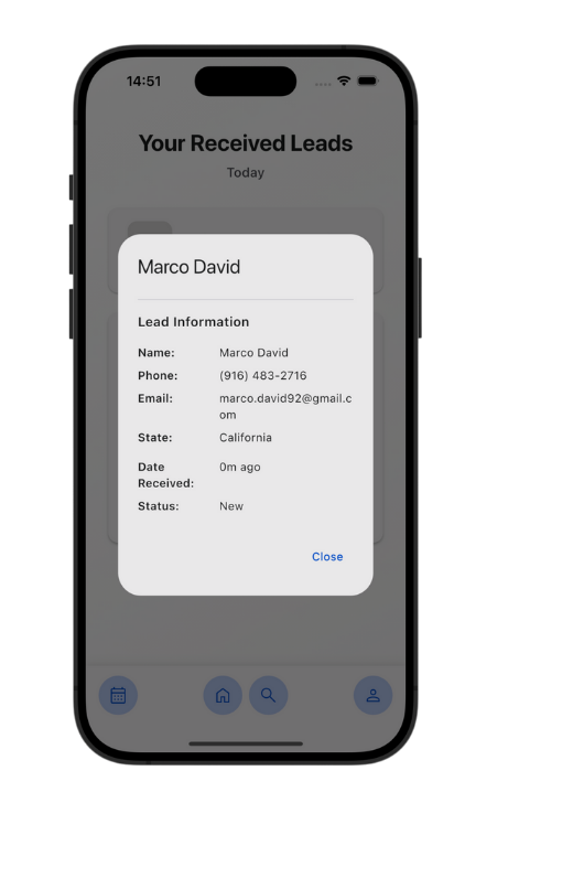A lead information card in the ELD app showing name, phone, email, state, and status