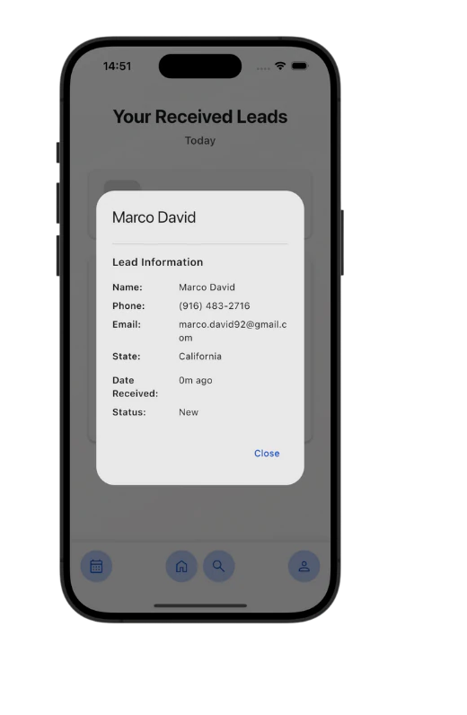 A lead information card in the ELD app showing name, phone, email, state, and status