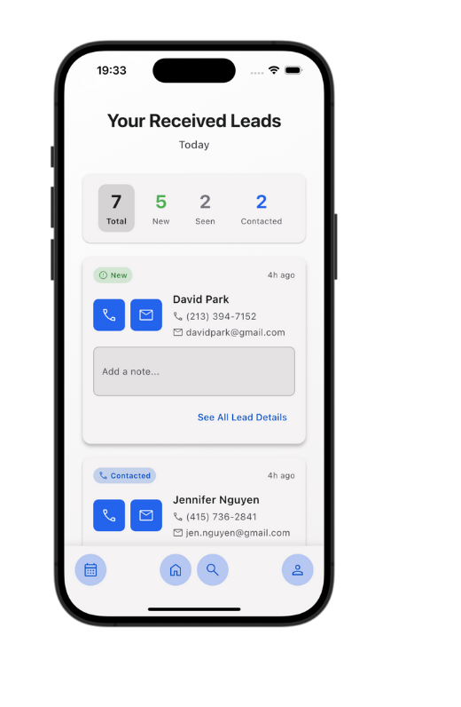 Your Received Leads screen in the ELD app with call and email actions