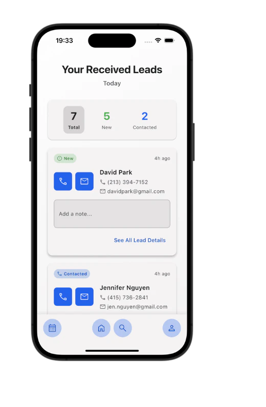 Your Received Leads screen in the ELD app, showing new leads with call and email actions