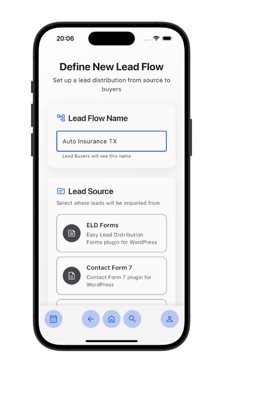 Define New Lead Flow screen in the ELD app, choosing a lead source such as ELD Forms or Contact Form 7