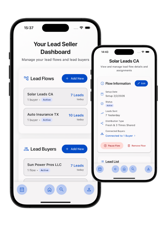 The ELD lead seller dashboard and a lead flow detail screen on iPhone