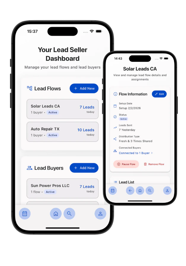 The ELD lead seller dashboard and a lead flow detail screen on iPhone