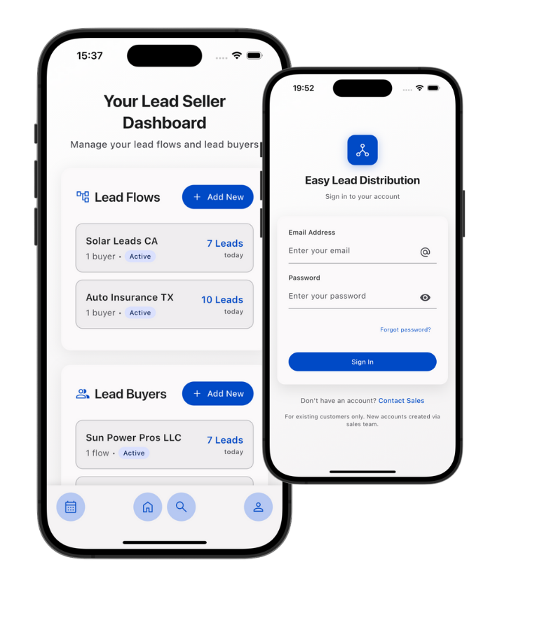 The Easy Lead Distribution mobile app showing a lead seller dashboard and buyer sign-in screen