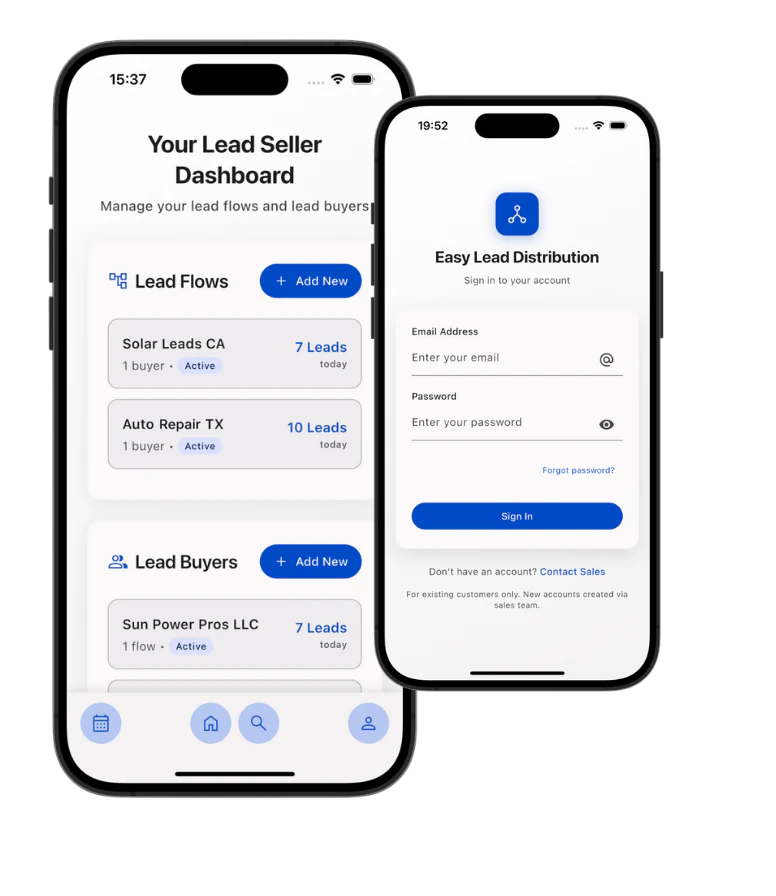 The Easy Lead Distribution mobile app showing a lead seller dashboard and buyer sign-in screen